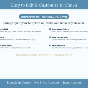 May include: A digital download template with the text "Easy to Edit & Customize in Canva." Features include simple editing, font customization, color changes, photo additions, and print options. Works with free and pro Canva accounts.