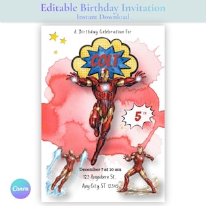 Iron Man Birthday Invitation | Marvel Superhero | Editable Canva Template | Printable Party Invite | Digital Download image 1