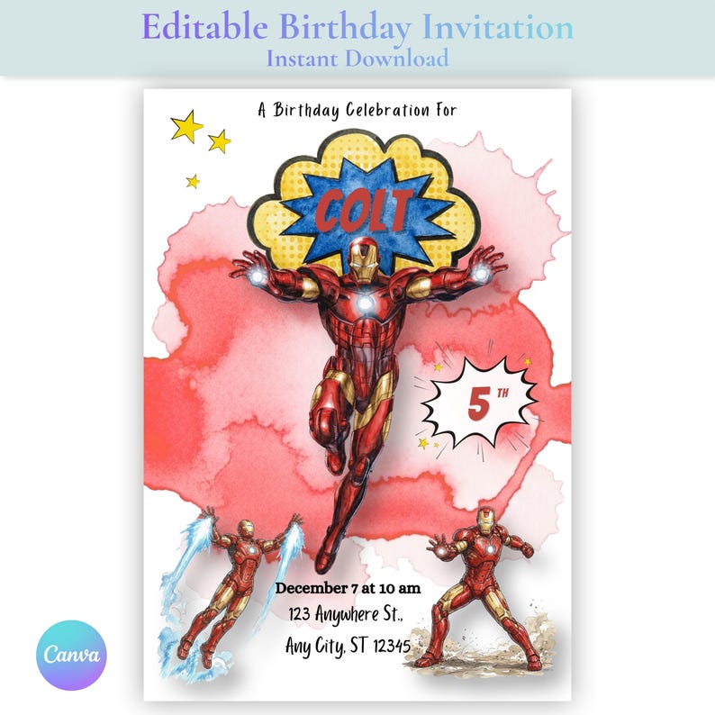 Iron Man Birthday Invitation | Marvel Superhero | Editable Canva Template | Printable Party Invite | Digital Download image 1