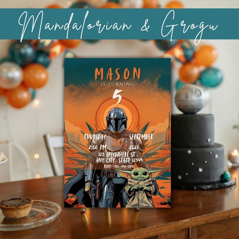 May include: A rectangular birthday invitation card featuring a graphic illustration of The Mandalorian and Grogu against an orange desert background. The text reads MASON IS TURNING 5, THURSDAY SEPTEMBER 30, 2:00 PM, 123 ANYWHERE ST., ANY CITY, STATE 12345, and RSVP: 123-456-7890.