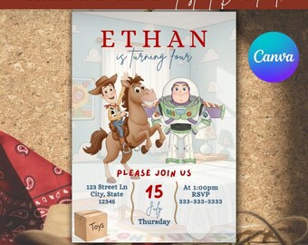 Toy Story Birthday Invitation Editable Canva Template | Woody & Buzz Boy Birthday Invite | Instant Download
