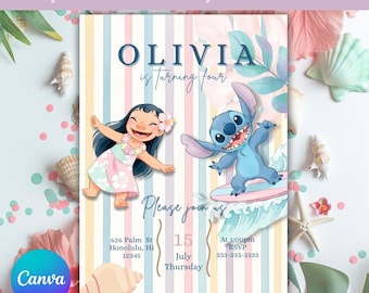 Lilo and Stitch Pastel Birthday Invitation | Editable Canva Template | Girls Party Invite | Digital Download
