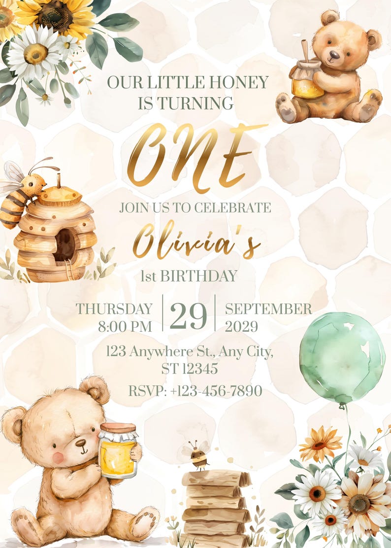Honey Bee Birthday Invitation | Editable Canva Template | Printable ...
