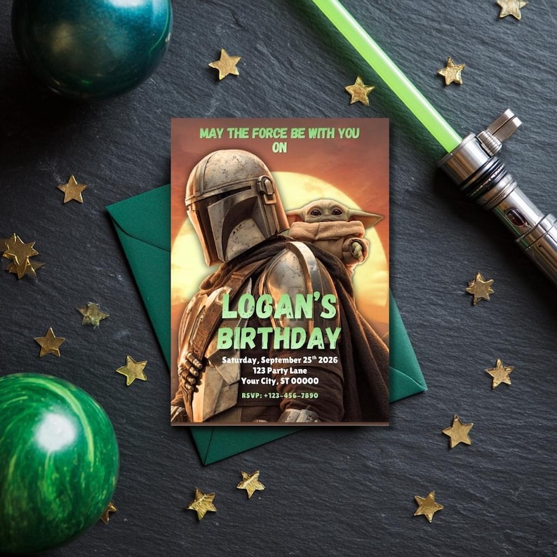 May include: A birthday invitation featuring The Mandalorian and Grogu, with the text "MAY THE FORCE BE WITH YOU ON LOGAN'S BIRTHDAY". The invitation includes the date, address, and RSVP information. The design is set against a sunset backdrop.