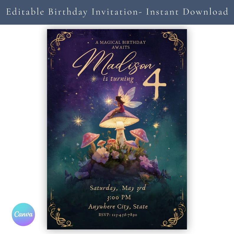 Enchanted forest fairy birthday invitation — primary design