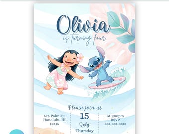 Editable Lilo and Stitch Birthday Digital Invite | Editable Canva Template | Printable Kids Party Invitation Download