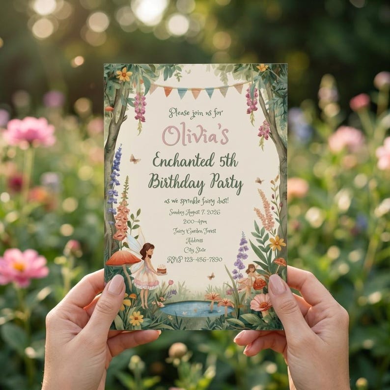 Fairy garden birthday invitation magical enchanted design