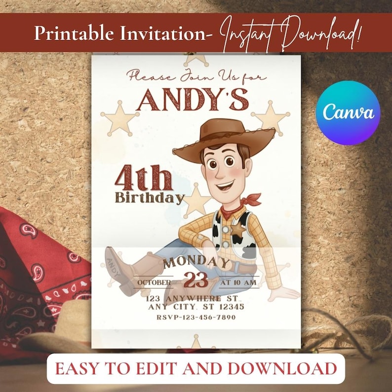 Pu&ograve; includere: Un invito di compleanno stampabile con un personaggio cowboy dei cartoni animati che indossa un cappello marrone, una camicia gialla e un gilet con stampa mucca. Il testo recita: Please Join Us for ANDY'S 4th Birthday, MONDAY OCTOBER 23 AT 10 AM, 123 ANYWHERE ST. ANY CITY. ST 12345, RSVP-123-456-7890.