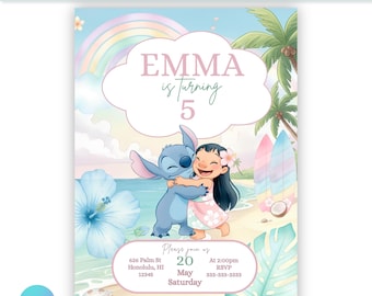 Editable Lilo and Stitch Pastel Birthday Digital Invite | Editable Canva Template | Printable Party Invitation