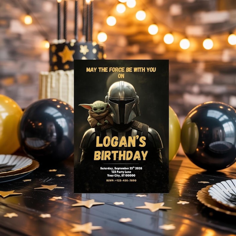 May include: A birthday party invitation featuring The Mandalorian and Grogu. The invitation reads "May the Force Be With You On Logan's Birthday." The invitation includes the date, time, location, and RSVP information. The background includes balloons and a cake.