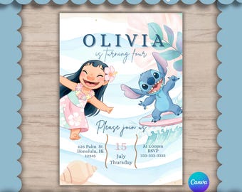 Invitación de cumpleaños de Lilo y Stitch / Plantilla editable de Canva (descarga digital)