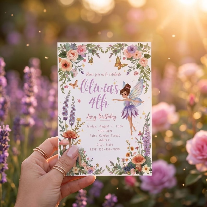 Floral fairy garden birthday invitation watercolor flowers pastel design