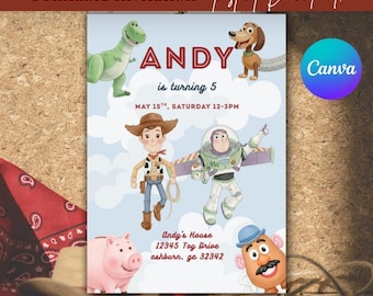 Invito di compleanno a tema Toy Story / Woody Buzz / Modello Canva modificabile / Invito per feste stampabile / Download digitale