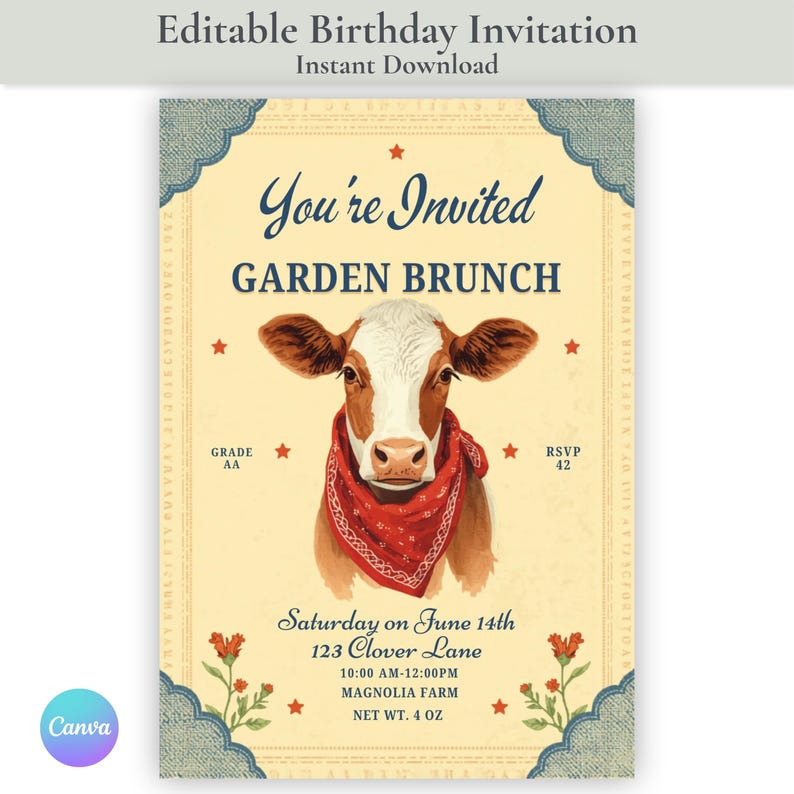 Editable cow birthday invitation — primary design