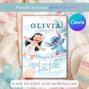 May include: A printable invitation featuring a cartoon girl with black hair and a pink floral dress alongside a blue alien character on a surfboard. The text reads Olivia is turning four, Please join us, 626 Palm St, 15 July Thursday, and 1:00pm RSVP.
