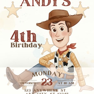 Pu&ograve; includere: Un biglietto d'invito per compleanno con un personaggio cowboy dei cartoni animati che indossa un cappello marrone, una camicia a quadri gialla e un gilet con macchie di mucca. Il testo recita: Please Join Us for ANDY'S 4th Birthday, MONDAY OCTOBER 23 AT 10 AM, 123 ANYWHERE ST. ANY CITY, ST 12345, RSVP-123-456-7890.