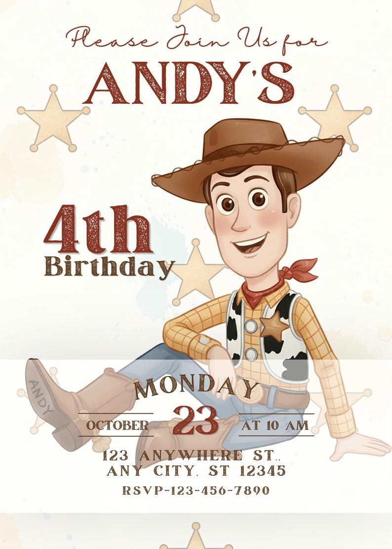 Pu&ograve; includere: Un biglietto d'invito per compleanno con un personaggio cowboy dei cartoni animati che indossa un cappello marrone, una camicia a quadri gialla e un gilet con macchie di mucca. Il testo recita: Please Join Us for ANDY'S 4th Birthday, MONDAY OCTOBER 23 AT 10 AM, 123 ANYWHERE ST. ANY CITY, ST 12345, RSVP-123-456-7890.
