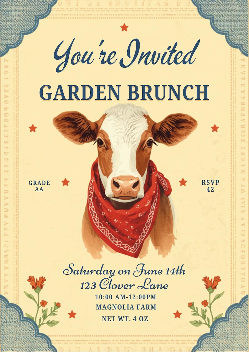 Editable cow birthday invitation with rustic bandana design