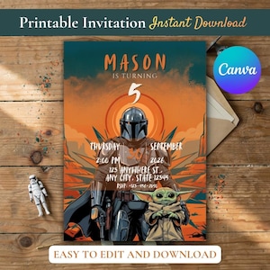 May include: A printable invitation featuring a Mandalorian character and a small green creature against an orange desert background. Text includes MASON IS TURNING 5, THURSDAY SEPTEMBER 30 2026, 2:00 PM, 123 ANYWHERE ST. ANY CITY, STATE 12345, and RSVP: 123-456-7890.