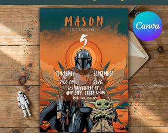 Mandalorian and Grogu Birthday Invitation | Star Wars Party | Editable Canva Template | Instant Download