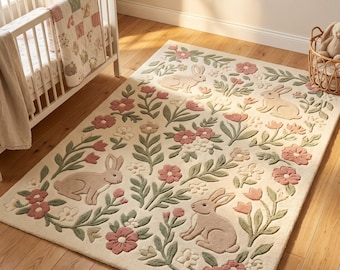 Handgemaakt, getuft wollen konijntje bloementapijt, Cottagecore kinderkamerdecoratie