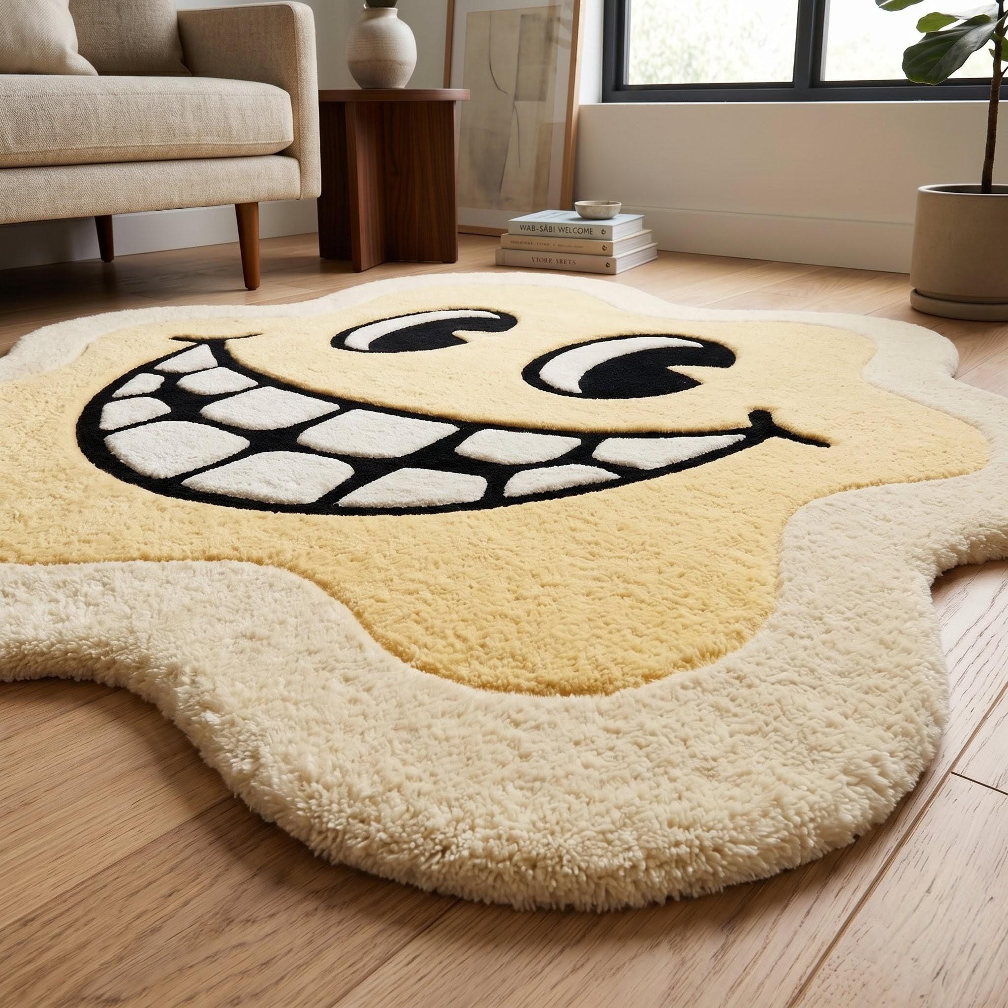 Smiley Face Area Rug, Yellow Tufted Wool Statement Carpet, Funky Room ...