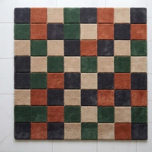 Hand Tufted Wool Rug, Mid Century Modern Checkered Carpet, 70s Style Green Rust Beige
