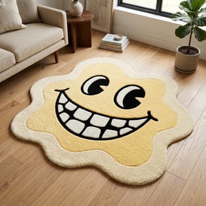 Smiley Face Area Rug, Yellow Tufted Wool Statement Carpet, Funky Room Decor (2x3)