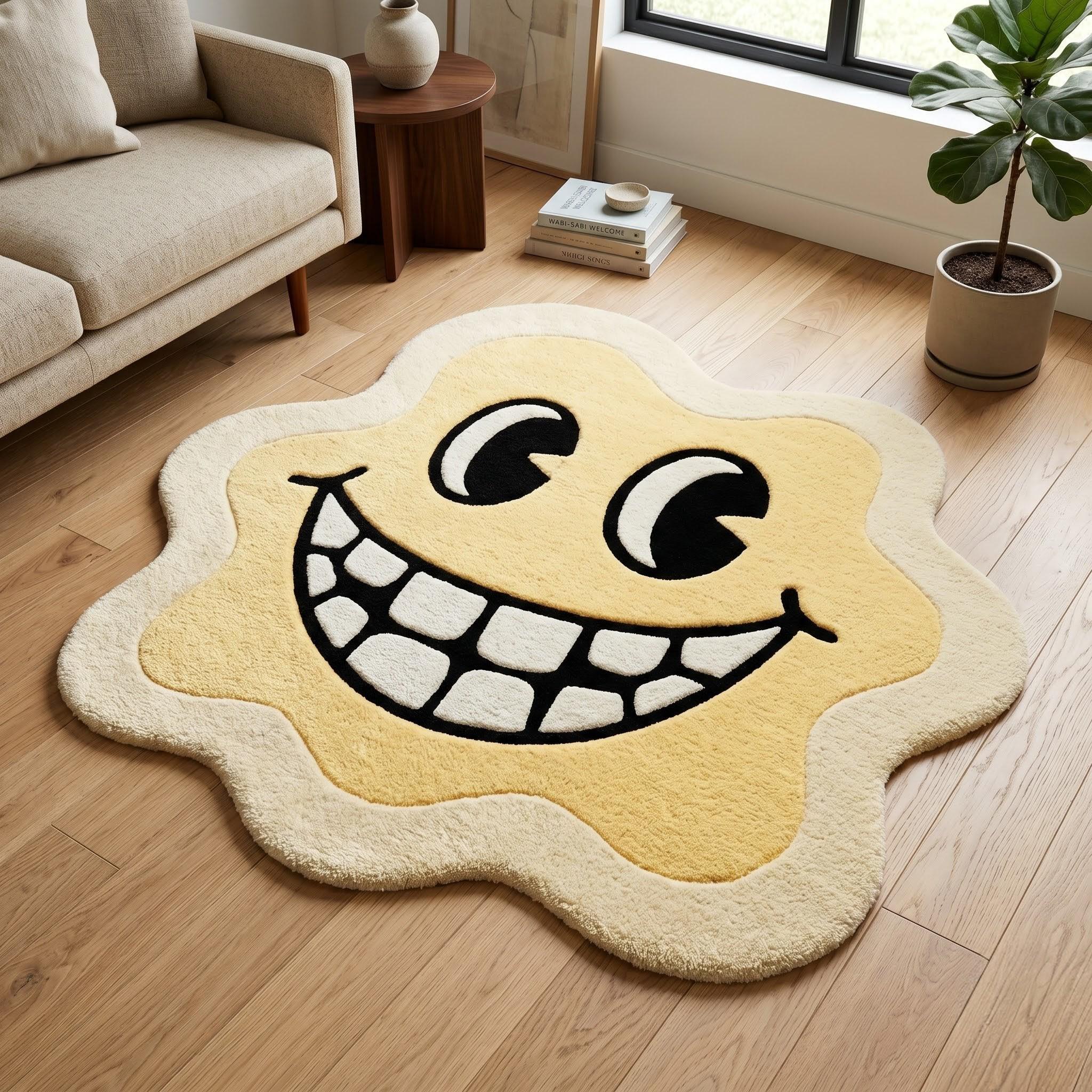 Smiley Face Area Rug, Yellow Tufted Wool Statement Carpet, Funky Room ...