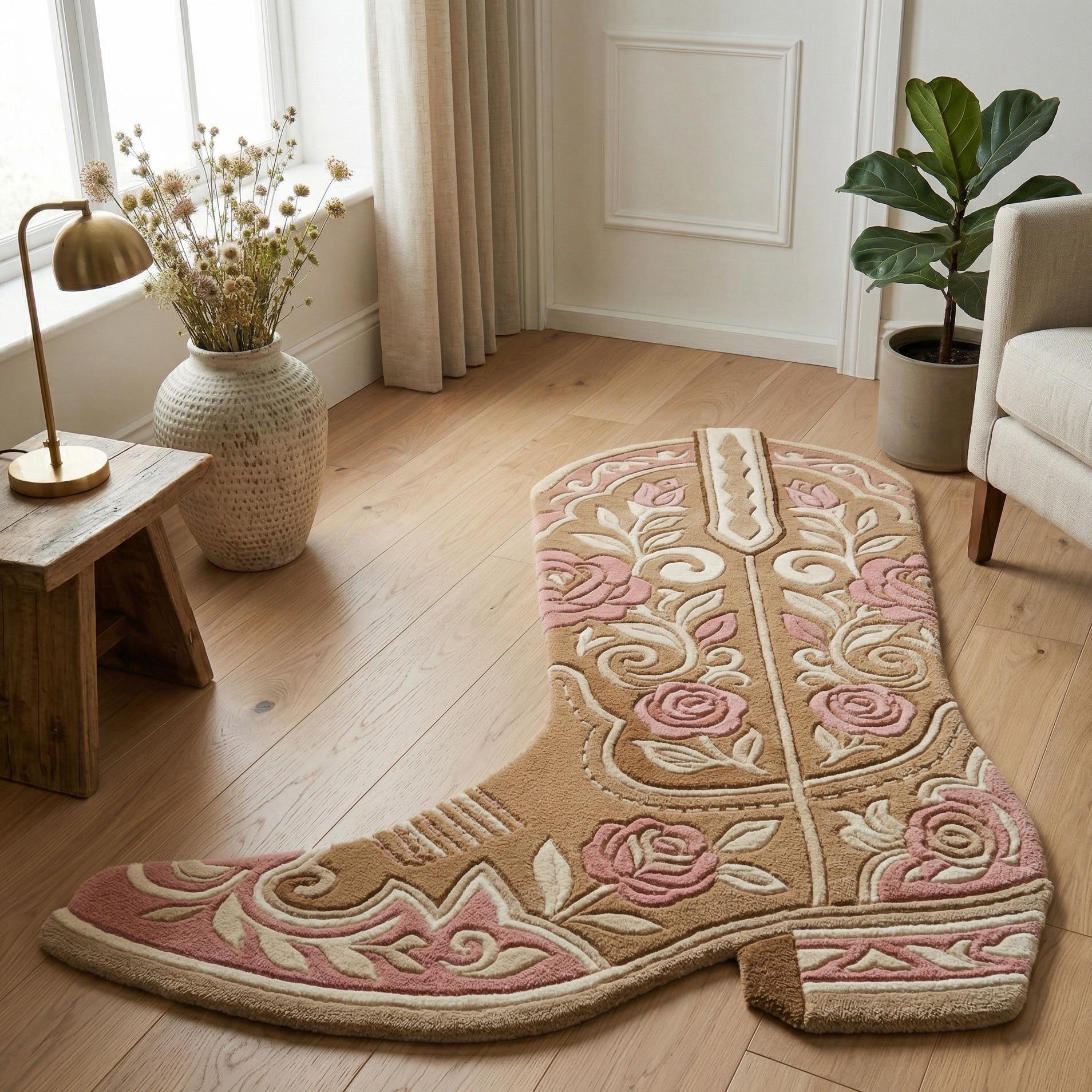 Cowboy Boot Rug, Western Floral Carpet, Pink Beige Tufted Accent Mat - Etsy