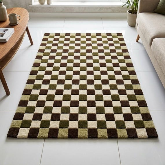 Retro Checkered Wool Rug, Hand Tufted Geometric Carpet, Brown Green Cream Home Decor