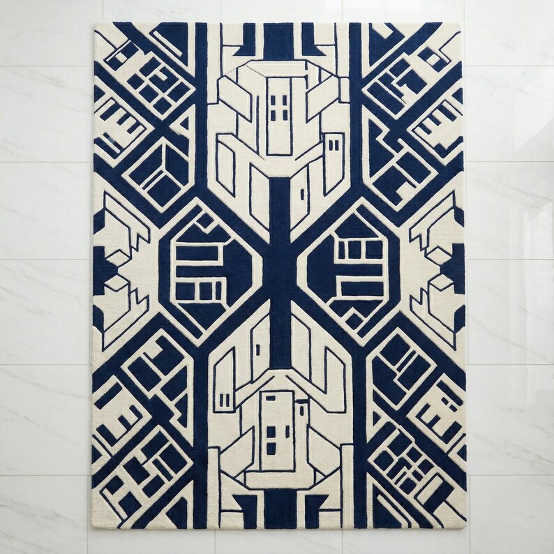 Hand Tufted Wool Area Rug, Navy Blue Geometric Abstract Carpet, Modern ...