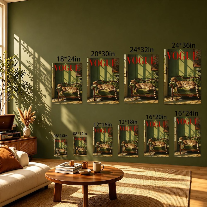 May include: A collection of nine rectangular wall art prints featuring a leopard resting on a green sofa, with the red text VOGUE at the top. Each print is labeled with its dimensions in inches, ranging from 08x10in to 24x36in, displayed on a wall.