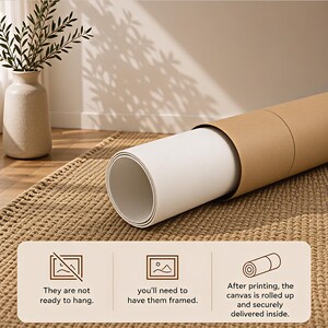May include: A white canvas print rolled inside a brown cardboard shipping tube. The text on the image states: They are not ready to hang, you'll need to have them framed. After printing, the canvas is rolled up and securely delivered inside.
