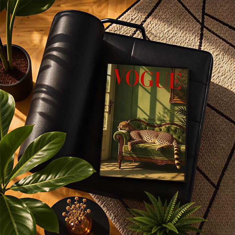 May include: A rectangular framed wall art print featuring a Vogue magazine cover. The image displays a cheetah resting on a green velvet sofa inside a room with sunlight casting shadows. The word VOGUE is printed in large red capital letters at the top.