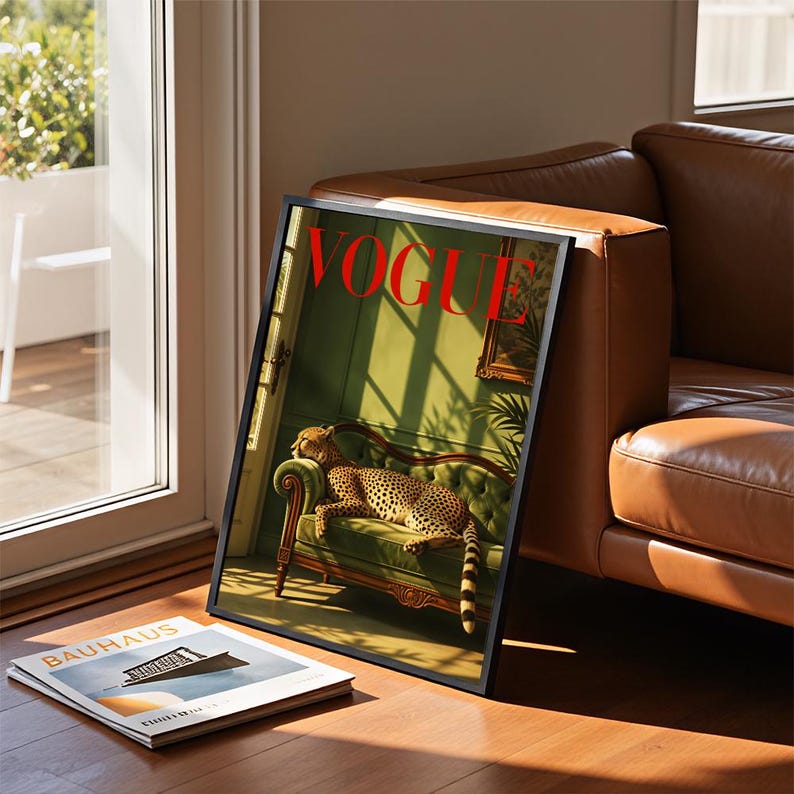 May include: A framed rectangular wall art print featuring a cheetah resting on a green tufted sofa with the red text VOGUE at the top. Beside it lies a book with the word BAUHAUS printed on the cover, showing a graphic illustration of a building.