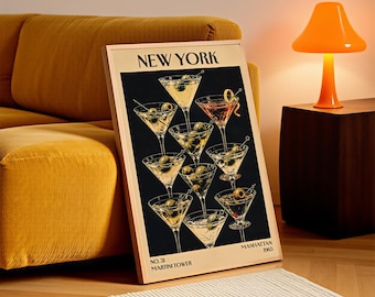 New York Martini Vintage Canvas Poster, Retro Bar Wall Art Decor, Manhattan Bar Print, Unframed Canvas Poster, Gift for Cocktail Lovers