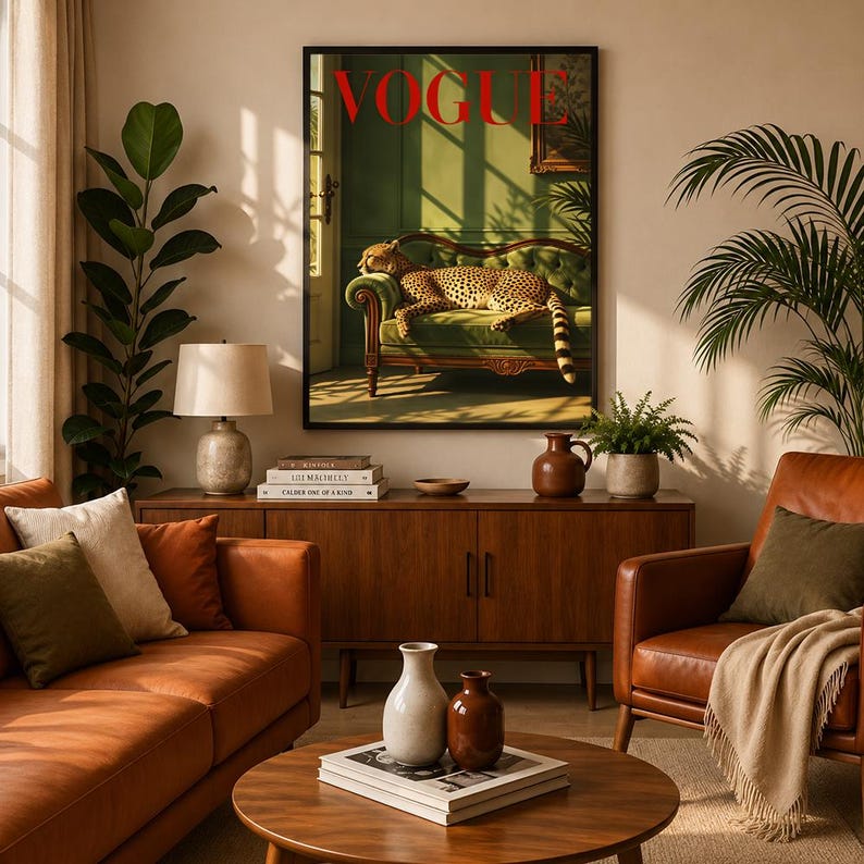 May include: A framed wall art print featuring a leopard resting on a green tufted sofa, with the word VOGUE in red text at the top. The artwork is displayed in a living room setting with a wooden sideboard, a table lamp, and indoor plants.
