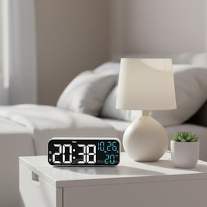 May include: A white digital alarm clock displaying the time, date, and temperature. The clock sits on a white nightstand next to a white lamp and a small potted plant. The background shows a bed with white linens.