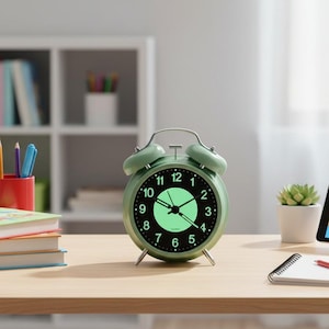 May include: A mint green retro alarm clock with a glowing face, black numbers, and a silver bell. The clock sits on a wooden desk with a tablet, notepad, and pencils in the background.