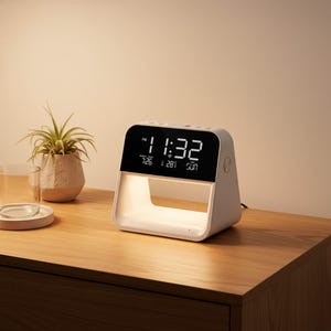 May include: A white digital alarm clock with a rectangular display showing the time, date, and day of the week. The clock has a built-in light and is placed on a wooden surface. A small plant in a pot and a glass are also visible.