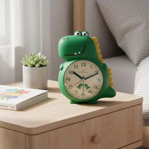 Puede incluir: Un despertador verde con forma de dinosaurio y esfera crema. El reloj tiene números negros, dos pequeñas ilustraciones de dinosaurios y el texto "Cute Little Dinosaur". El reloj está sobre una mesita de noche de madera.