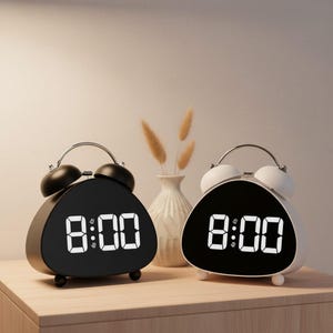 Puede incluir: Dos despertadores digitales, uno negro y otro blanco, mostrando las 8:00. Cada reloj tiene un cuerpo triangular, un asa de metal curvada y dos campanas. Los relojes están sobre una superficie de madera.