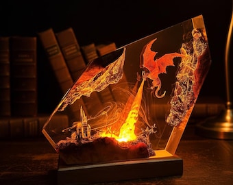 Fire Breathing Dragon Desk Lamp Resin Cube Night Light Castle Scene Wooden Base Decor