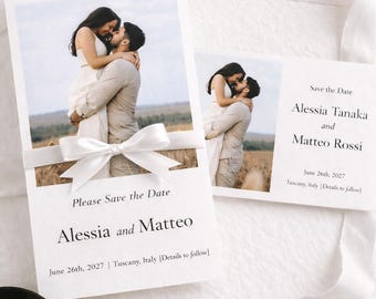 Plantilla para anunciar la fecha de la boda, invitación minimalista con fotos en Canva.