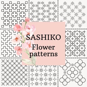 Op de afbeelding: Een verzameling van negen geometrische Sashiko bloempatronen in zwart en wit. De patronen worden weergegeven op een crèmekleurige achtergrond. De afbeelding bevat de tekst "SASHIKO Flower patterns" met aquarelbloemen.