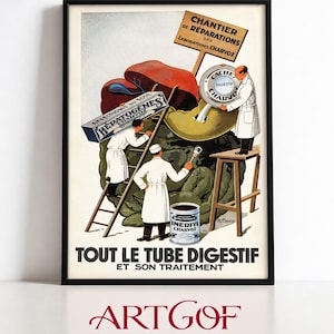 May include: A framed vintage-style poster featuring three figures in white lab coats working on a large green organ. Text includes CHANTIER DE RÉPARATIONS DES LABORATOIRES CHARVOZ, HÉPATOGÈNES, CACHET DIGESTIF CHARVOZ, INERTYL CHARVOZ, and TOUT LE TUBE DIGESTIF ET SON TRAITEMENT.