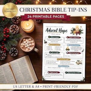 May include: A printable Christmas Bible tip-in page titled Advent Hope, week one, featuring sections for verses, reflections, and prayer prompts. The document includes decorative graphics of a candle, pine branches, and stars on a white background.