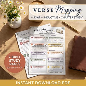 May include: Two white paper sheets for Verse Mapping Bible study with sections for SOAP, inductive, and chapter study. The pages feature numbered prompts, text fields, and floral illustrations. A brown leather book and a gold pen lie nearby.