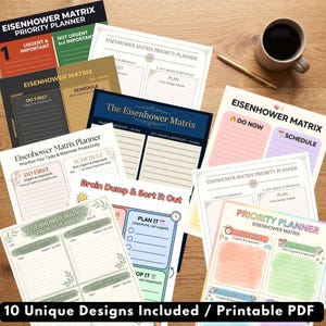 Peut inclure: Une collection de dix feuilles de planification de priorité Eisenhower Matrix avec divers agencements, palettes de couleurs et typographies. Les designs présentent des sections pour les tâches urgentes, importantes et planifiées. Un stylo doré et une tasse en céramique sont visibles à proximité.